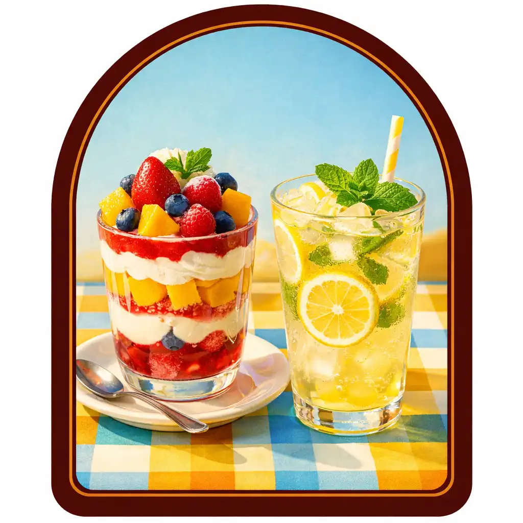 Barevný dezert a osvěžující limonáda s mátou na retro stole