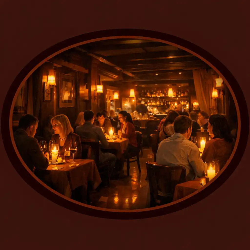 Večerní scéna v restauraci se svíčkami a teplým osvětlením