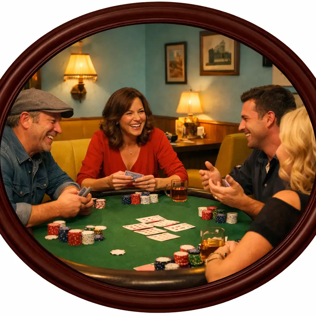 Uvolněný offline pokerový lounge s fyzickými kartami a žetony