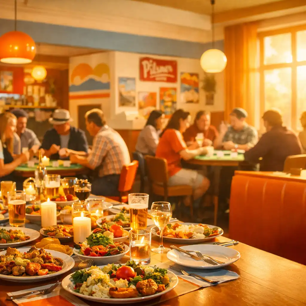 Slunečný večer v restauraci se společným stolem a nenápadnými pokerovými stoly v pozadí