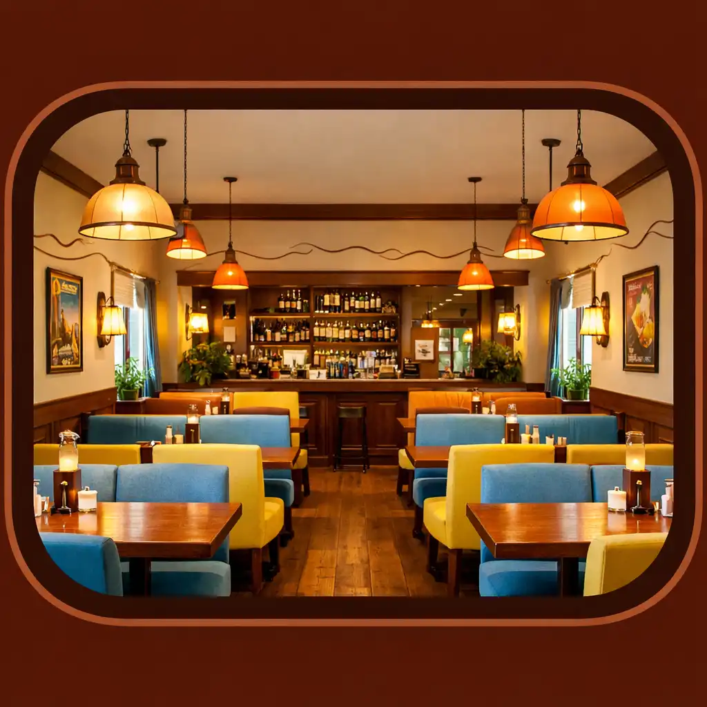 Útulný interiér restaurace s dřevěnými stoly a retro světly