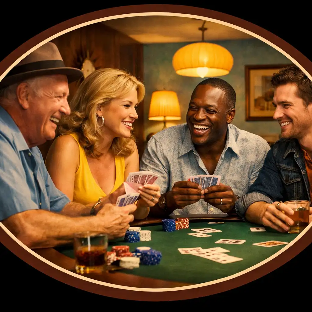 Skupina lidí hraje poker v lounge prostředí s úsměvy a retro dekorem