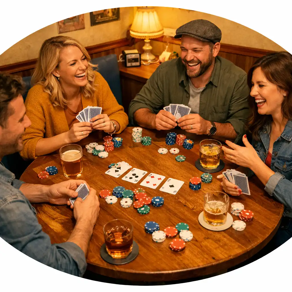 Přátelská skupina lidí hraje poker u dřevěného stolu v útulné restauraci