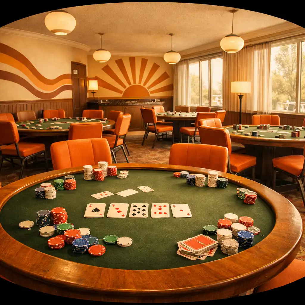 Interiér poker lounge v retro stylu 70. let s dřevěnými stoly a židlemi