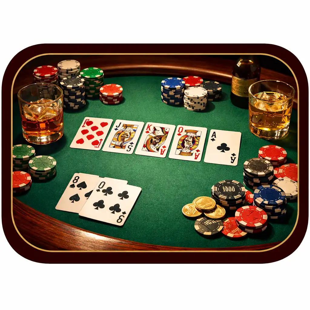 Fyzický pokerový stůl s kartami a žetony v přátelské atmosféře