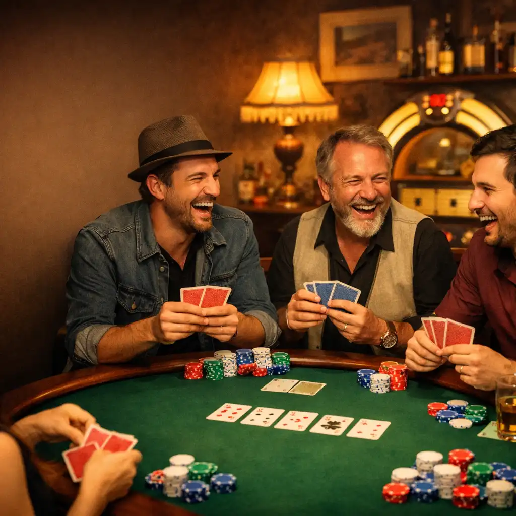 Hráči se smějí u pokerového stolu s kartami a žetony bez peněžní hodnoty