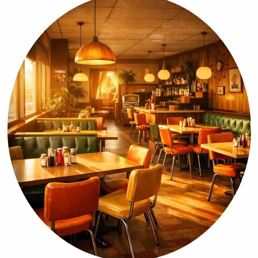 Teplý interiér restaurace Taste & Table House s dřevěnými stoly a slunečním světlem