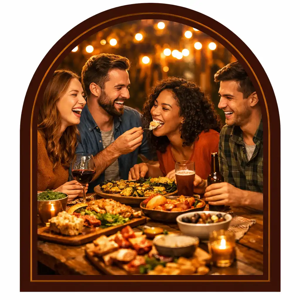 Skupina přátel sdílí jídlo u dlouhého stolu v restauraci Taste & Table House