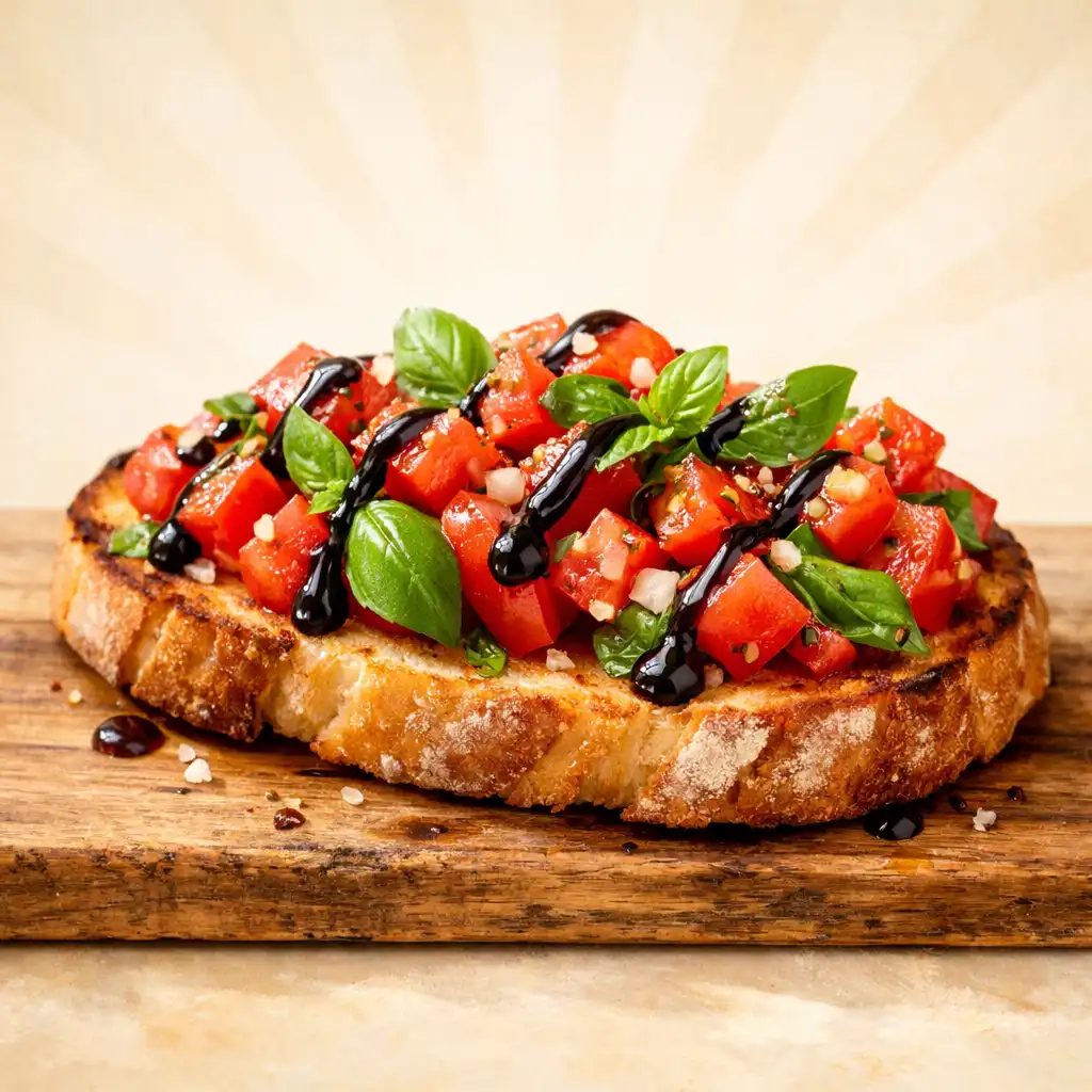 Bruschetta s rajčaty a bazalkou na rustikálním prkénku